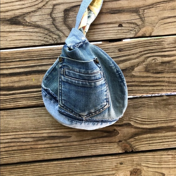 Upcycled Denim Jeans Japanese Knot Wristlet/Bag - Picture 7 of 8
